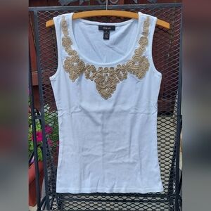 Like New Style & Co. White Gold Embellished Fitted Tank Top